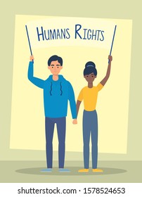young interracial couple with human rights label vector illustration design