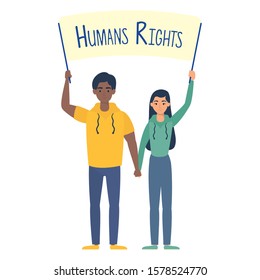 young interracial couple with human rights label vector illustration design