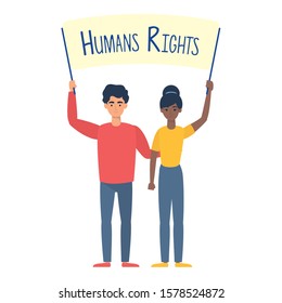 young interracial couple with human rights label vector illustration design
