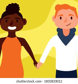 young interracial couple lovers diversity characters vector illustration design