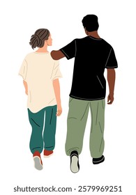 Young interracial couple, man and woman walking rear view in casual street fashion clothes, oversize pants and t-shirts. Black and white t shirt mockup. Vector illustration isolated