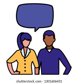 young interracial couple with speech bubble