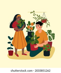 Young interracial couple spend time together at home, caring for plants. People in the greenhouse. Vector illustration.