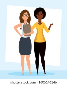 young interracial girls avatars characters vector illustration design