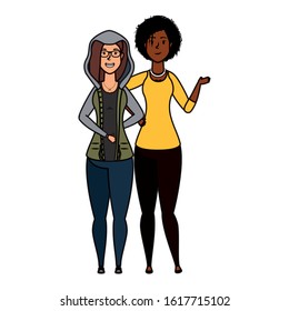 young interracial girls avatars characters vector illustration design