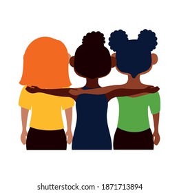 young interracial girls avatars characters vector illustration design