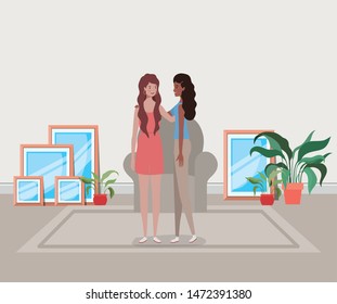 young interracial girls couple in the house