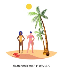 young interracial girls couple on the beach summer scene