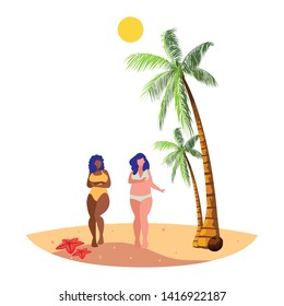 young interracial girls couple on the beach summer scene
