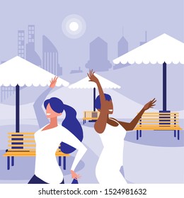 young interracial girls dancing in the park vector illustration design
