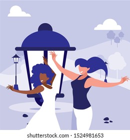 young interracial girls dancing in the park vector illustration design