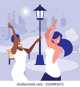young interracial girls dancing in the park vector illustration design