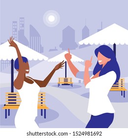 young interracial girls dancing in the park vector illustration design