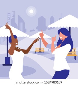 young interracial girls dancing in the park vector illustration design