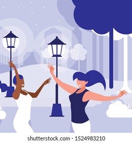 young interracial girls dancing in the park vector illustration design