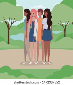 young interracial girls group in the field