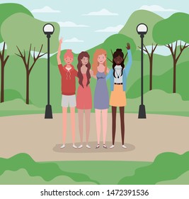 young interracial girls group in the park