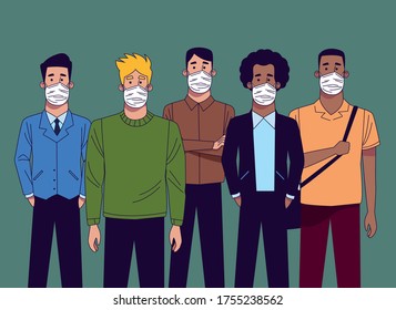 young interracial men wearing medical masks characters vector illustration design