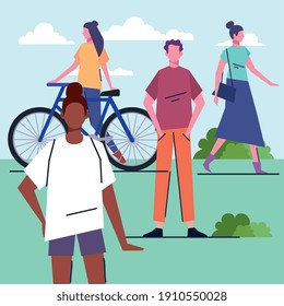young interracial people in the park characters vector illustration design