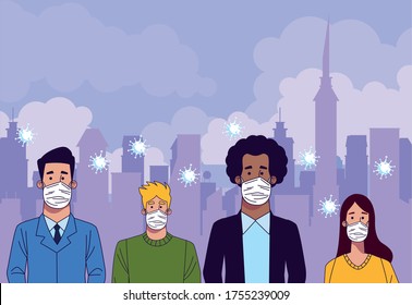 young interracial people wearing medical masks characters vector illustration design