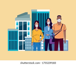 young interracial people wearing medical masks characters vector illustration design