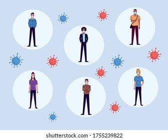 young interracial people wearing medical masks characters vector illustration design