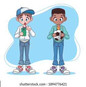 young interracial teenagers couple boys kids characters vector illustration design