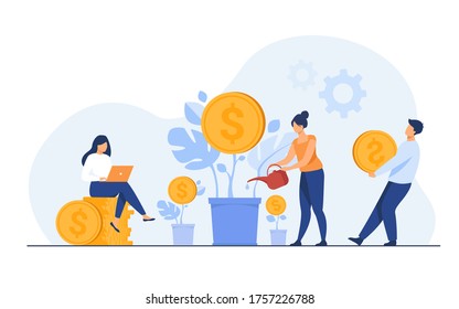 Young investors working for profit, dividend or revenue flat vector illustration. Cartoon employees investing capital. Investment, money and finance concept