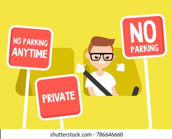 Young irritated character trying to find a place to park his car. Restriction road signs. No parking. Flat editable vector illustration, clip art