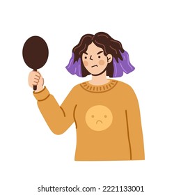 Young irritated woman looking at herself in mirror. Low self-esteem, self hate. Teenage girl unhappy with her appearance. Hand drawn vector character illustration.