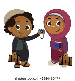 young islam tourists traveling people with travel bag backpack and map, going on vacation trip. Travelers portrait collection .Travel and tourism concept.