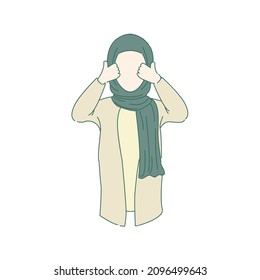 Young islamic hijab beauty smilling woman show two thumbs up concept. Trendy arabic hijab female show agree, approval, okay gesture concept. Isolated flat vector illustration on white background