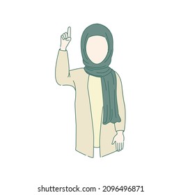 Young islamic hijab stylish happy woman shows pointing up with one finger concept. Cool arabic female shows asking permission gesture concept. Isolated flat vector illustration on white background