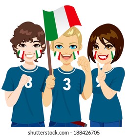 Young Italian soccer fans cheering their Italy national football team