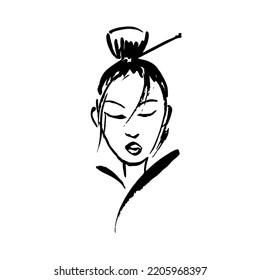 Young Japanese girl. Ink illustration.