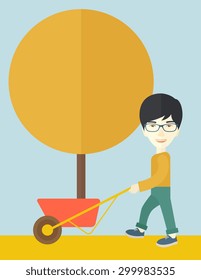 A young japanese man pushing the cart with orange tree. Business growth concept. A Contemporary style with pastel palette, soft blue tinted background. Vector flat design illustration. Vertical layout