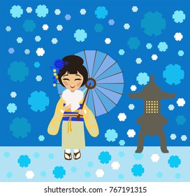 Young Japanese woman admires the falling snow next to the lantern