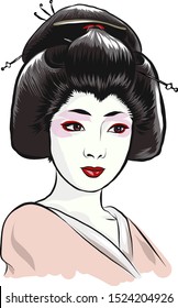 Young Japanese woman in a geisha costume. Charmingly cute face degeneration. Dark hair and eyes, a neat little mouth. White skin, bright makeup, beautiful traditional hairstyle. Vector