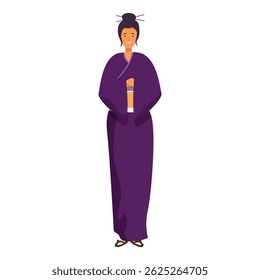 Jovem japonesa vestindo vestido de quimono roxo tradicional de pé em pose respeitosa