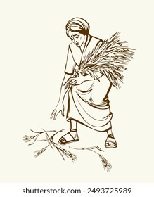 Young Jew east Israel Muslim Arab human old man arm hold up white rustic autumn land grow rye plant ear seed earn job. Hand drawn art sketch sad Asian Jewish maid slave reaper lady carry ripe meal eat