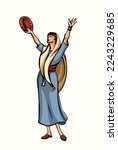 Young jew tribe player lady Miriam stand arm funny hobby biblic god line hand drawn art old retro cartoon sketch style. Jewish white human folk fun native greek dress worship ritual event bible artist