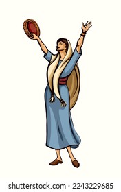 Young jew tribe player lady Miriam stand arm funny hobby biblic god line hand drawn art old retro cartoon sketch style. Jewish white human folk fun native greek dress worship ritual event bible artist