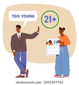 Young Job Applicant Character Being Turned Away Due To Age Discrimination. The Recruiter Highlights A 21 Plus Requirement. Concept Of Ageism In The Hiring Process. Cartoon People Vector Illustration