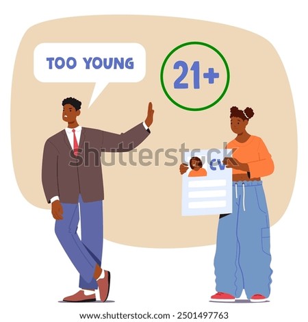 Young Job Applicant Character Being Turned Away Due To Age Discrimination. The Recruiter Highlights A 21 Plus Requirement. Concept Of Ageism In The Hiring Process. Cartoon People Vector Illustration