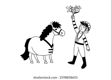 Young jockey with a medal raises flowers next to a pony in a rug, black and white cartoon illustration
