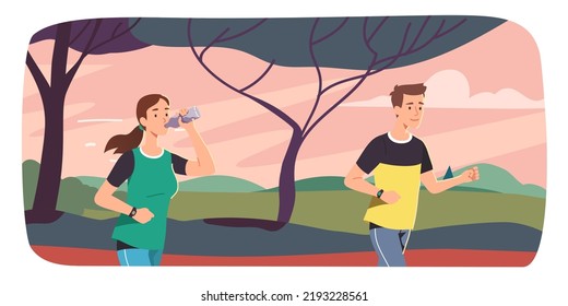 Young joggers man, woman training jogging in summer park. Runner athlete person cartoon character working out running, drinking water from bottle outdoors. Sport, wellness flat vector illustration