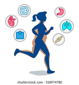 Young jogging girl,running woman with infographic elements, loss weight cardio training.