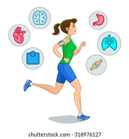 Young jogging girl,running woman with infographic elements, loss weight cardio training. Vector illustration