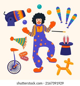 Young Joker Man With Set Of Various Clown Elements In Cartoon Style, Vector Illustration