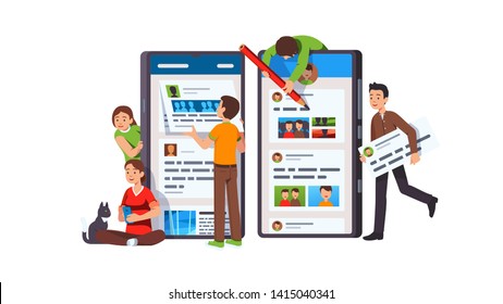 Young journalist people making posts, writing social network publications. Modern media influencer, poster & blogger man and woman using mobile phones app concept. Flat vector character illustration